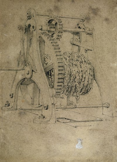 巻きチェーン用のウィンチまたはカニのメカニズム、1830年代（ペンとインク、紙の上で洗浄） 作： John Cooke Bourne