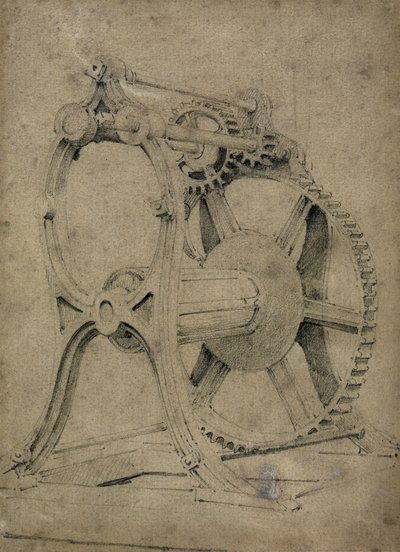巻きチェーン用のウィンチまたはカニのメカニズム、1830年代（ペンとインク、紙の上で洗浄） 作： John Cooke Bourne
