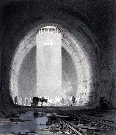 1837年7月8日、キルスビー・トンネルのワーキング・シャフト、アーティストによる刻印 作： John Cooke Bourne