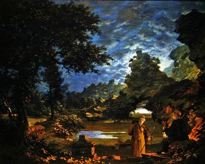 ロッキーな月夜の風景の中でランタンを持つ僧侶たち 作： John Cranch