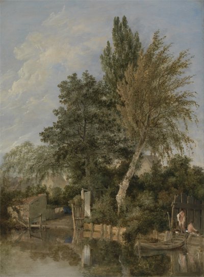 男の子の入浴を伴う川のシーン、1817年頃（パネルに油彩） 作： John Crome