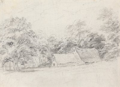 木々の間の 2 つの建物 作： John Crome