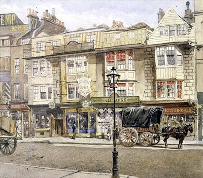 ビショップスゲート・ストリート。No.82-86、馬と馬車付き、1886年5月（水彩画） 作： John Crowther