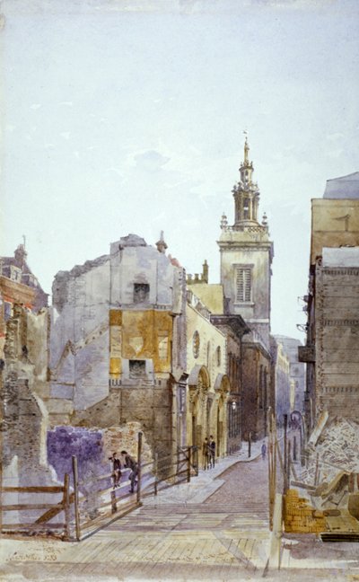 カレッジ・ヒルとセント・マイケル・パテルノスタ・ロイヤル教会、シティ・オブ・ロンドン、1883年 作： John Crowther