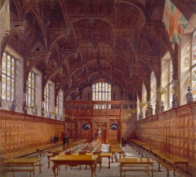 人物がいる高いテーブルから見たミドル テンプル ホールの内部ビュー、ロンドン、1884 年 作： John Crowther