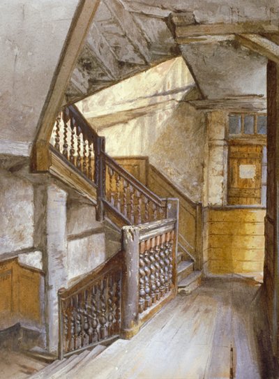 1880年、ロンドン、ウェストミンスター、ホワイトライオンコートの家の階段の内観 作： John Crowther