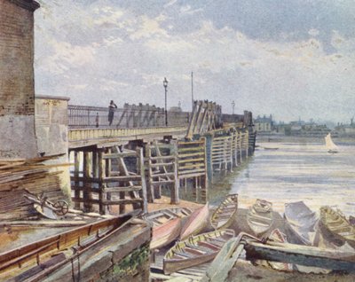 失われたロンドン旧バターシー橋、北岸から（カラーリトグラフ） 作： John Crowther
