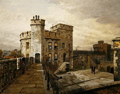 軍服を着た人物がいる、ロンドン塔のデヴァルー タワーの眺め 作： John Crowther