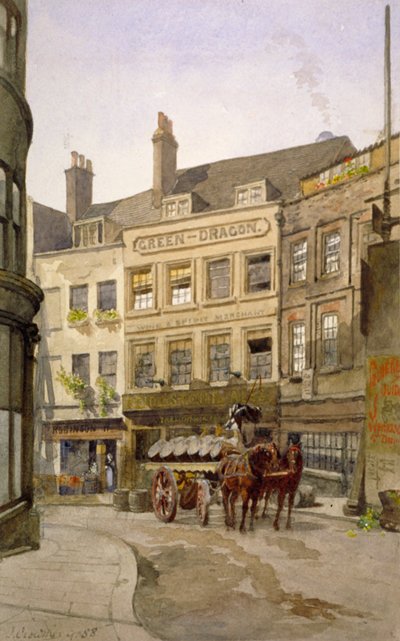 セント アンドリュース ヒル 11 番地とグリーン ドラゴン インの眺め、樽のカート、ロンドン、1888 年 作： John Crowther