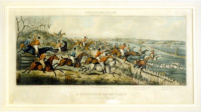 ヘンリー・アルケン（1785-1851）が刻印した『レスターシャーズ』（1825年）の「スタートのための闘争」（カラーエングレーヴィング 作： John Dean (after) Paul