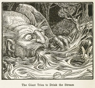 巨人は小川を飲もうとする」エウロパの妖精の本より、pub.1916年、彫刻 作： John Dickson Batten