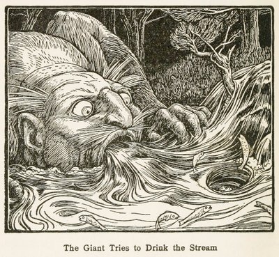 巨人は小川を飲もうとする、エウロパの妖精の本、パブ. 1916年。 作： John Dickson Batten