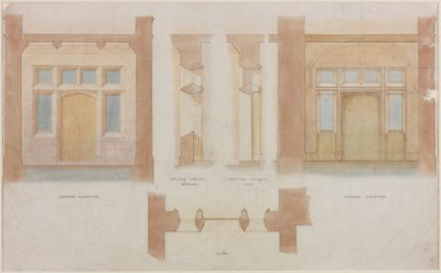 ホルムエデンのメインエントランスの標高、断面図、平面図（紙にインクと水彩） 作： John Dobson