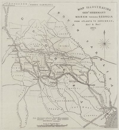 1864年11月と12月、アトランタからサバンナまでのジョージア州を通るシャーマン将軍の3月を示す地図 作： John Dower