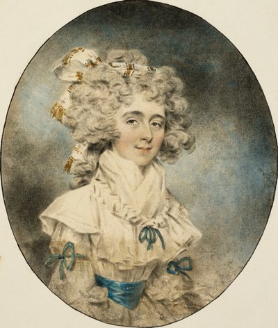 青いリボンで飾られた白いドレスを着たフィッシャー夫人の肖像画、1788年 作： John Dowman
