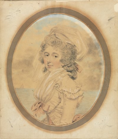 胴着にピンクの弓を持つ若い女性、1792年。 作： John Downman