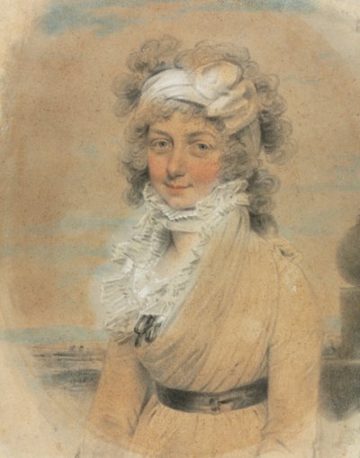 彼女の頭に白い弓を持つ若い女性 作： John Downman