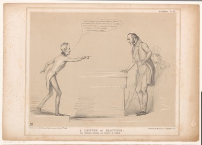 Spotprent は Loebuck と Lord Bentinck に会った 発声についての講義。 模範によって彼の教訓を実行する教授 (オブジェクトのタイトル) HB Sketches (オブジェクトのシリーズ タイトル) 作： John Doyle