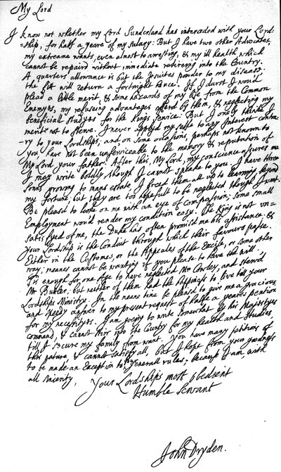 詩人の受賞者であるジョンドライデンから、ロチェスター伯爵、財務省の初代卿であるローレンスハイドへの手紙。 作： John Dryden