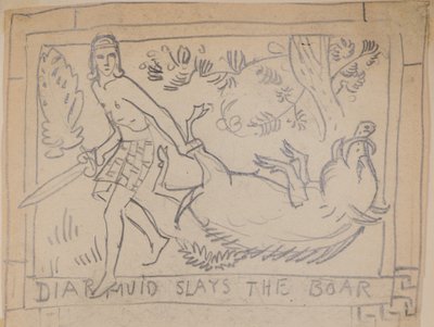 ディアムイド、イノシシを倒す（鉛筆 作： John Duncan