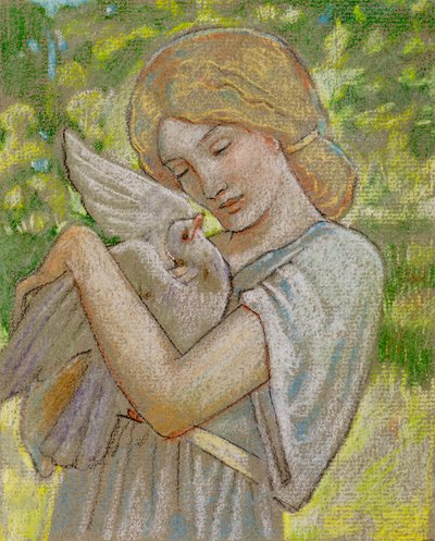 鳩の少女（パステル） 作： John Duncan