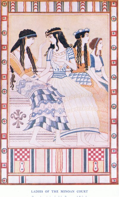 ミノア宮廷の女性たち」グレシャム出版社1920年代発行「クレタ島と先史時代のヨーロッパの神話」のイラスト（カラーリトグラフ 作： John Duncan