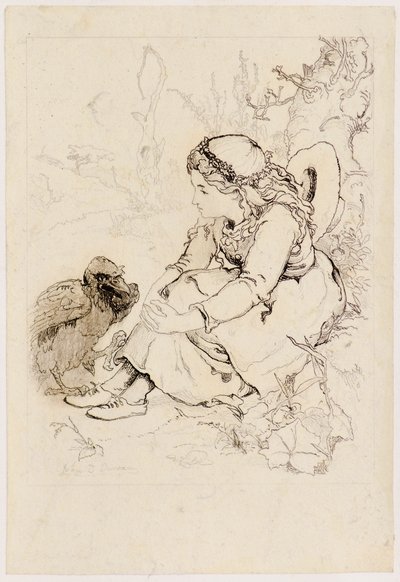 着席の女の子と大きな鳥（エッチング） 作： John Duncan