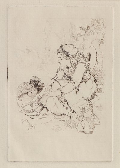 座っている少女と大きな鳥（銅版画 作： John Duncan