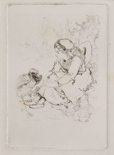 座っている少女と大きな鳥（銅版画 作： John Duncan