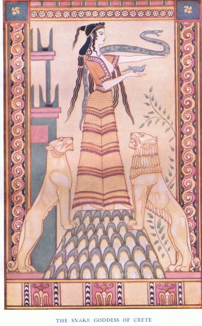 クレタ島のヘビの女神、クレタ島の神話とプレギリシャヨーロッパのパブからのイラスト。 1920年代のGresham Publishing Company Limited 作： John Duncan