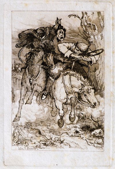 二人のギャロッピング・ホースメン［一人は自分の首を持っている］（銅版画 作： John Duncan