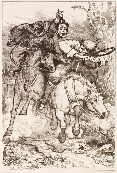 二人のギャロッピング・ホースメン［一人は自分の首を持っている］（銅版画 作： John Duncan