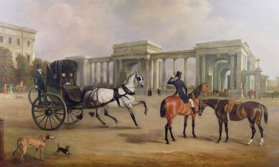 1833年、ハイドパークコーナーでカブリオレとハックを持ったマッセイスタンリー氏 作： John E. Ferneley