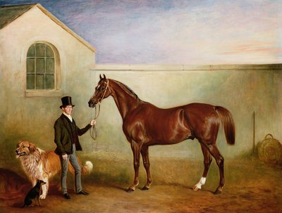 ロバート・ピール卿のチェスナット・ハンターを持つミーキン氏と愛犬のヘクターとジェム 作： John E. Ferneley