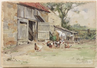 鶏の餌やり、1909年（紙にトイレ） 作： John Edgar Mitchell