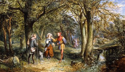 「As You Like It」のシーン：アーデンの森のロザリンド、セリア、ジャック1864 作： John Edmund Buckley