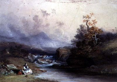 19世紀の2人の女性像のある山の急流の眺め 作： John Edmund Buckley