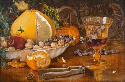 果物、ナッツ、ワイングラスの静物、1864 作： John Edward Newton