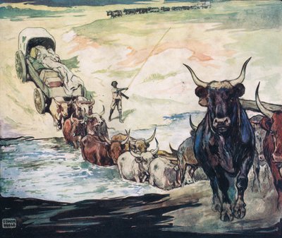 川を渡る、1919年に出版されたGladys Davidsonによる「Helpers Without Hands」のイラスト（カラーリソ） 作： John Edwin Noble