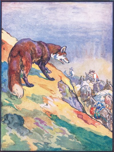 Raphael Tuck & Sons Ltd.発行の「Animal Legends from Many Lands」の「The Fox and His Foolish Fear」のイラスト「He Perceived the Train of Patient Mules」 作： John Edwin Noble