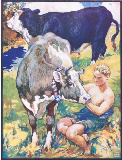 「Icoronata was a Favourite」、Raphael Tuck & Sons Ltd. 発行の「Animal Legends from Many Lands」の「Chiarino the Bull and the Ambitious Mule」のイラスト（カラーリソ） 作： John Edwin Noble