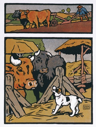 ジャン・ド・ラ・フォンテーヌ（1621-95）の「寓話」からの犬と牛のイラスト（カラー彫刻） 作： John Edwin Noble