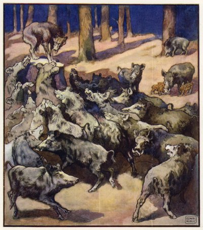 切り株の中央に大きな灰色のオオカミが立っていた (色リソ) 作： John Edwin Noble