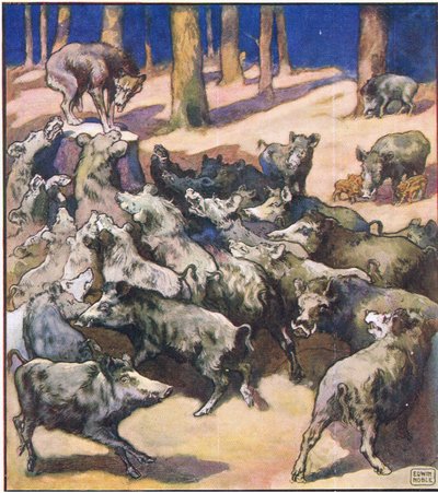 切り株の中央に大きな灰色のオオカミが立っていた (色リソ) 作： John Edwin Noble
