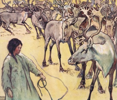 ヘラジカの群れ、1919年に出版されたグラディス・デビッドソンの「ヘルパーズ・ウィズアウト・ハンズ」のイラスト（カラーリソ） 作： John Edwin Noble