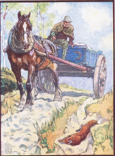 Raphael Tuck & Sons Ltd.発行の「Animal Legends from Many Lands」より、「The Carter Observed a Fox Lying in a Rut」、「Reynard the Fox」のイラスト（カラーリソ） 作： John Edwin Noble