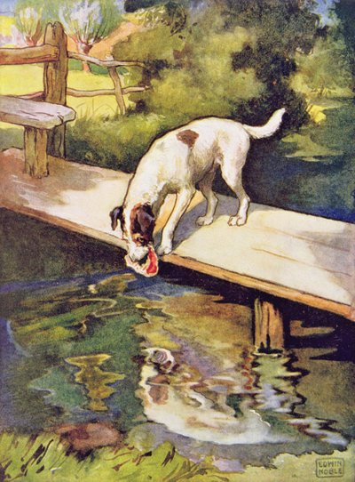 「イソップ物語」の犬と影、パブ。 Raphael Tuck & Sons Ltd.、ロンドン (挿絵) 作： John Edwin Noble