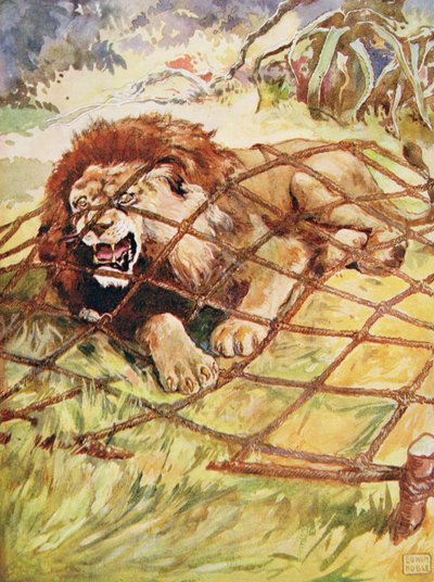 「イソップ物語」のライオンとネズミ、パブ。 Raphael Tuck & Sons Ltd.、ロンドン (挿絵) 作： John Edwin Noble