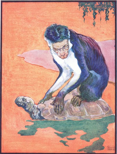 「The Monkey at Once Became Suspicious」、「The Tortoise and the Monkey」のイラスト、Raphael Tuck & Sons Ltd. 発行 (カラー リソ) 作： John Edwin Noble