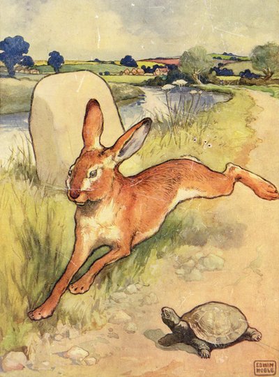 パブ「イソップ物語」のカメとウサギ。 Raphael Tuck & Sons Ltd.、ロンドン (挿絵) 作： John Edwin Noble